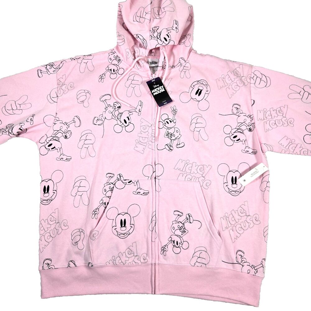 Disney Women Mickey Mouse Full-Zip Hoodie Jacket Embroidered Pink 2XL New